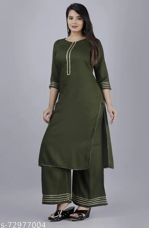 Rayon MAUKA Women's Embellished Kurta & Palazzo Set of 2, showcasing classic Gota work design, available in various sizes from XS to XXXL. Indian-made fashion perfect for any woman or girl