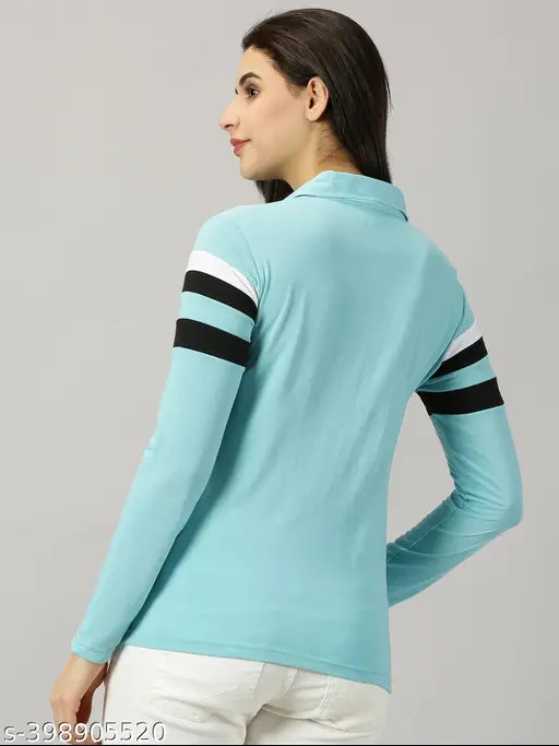Aqua Blue cotton blend full sleeve polo t-shirt for women, featuring a printed net pattern. Perfect for casual outings or everyday wear