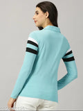 Aqua Blue cotton blend full sleeve polo t-shirt for women, featuring a printed net pattern. Perfect for casual outings or everyday wear