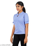 LT Blue with Lilac print, short length cuff sleeve SYVI Mandarin collar t-shirt, 100% cotton for women