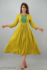 Yellow embroidered rayon anarkali kurti, three-quarter sleeves, flared fit, casual occasion