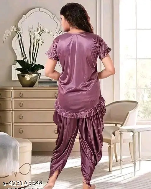 Stylish wine-colored satin nighty set with patiala pants, solid design for women's nightwear (India)