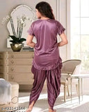 Stylish wine-colored satin nighty set with patiala pants, solid design for women's nightwear (India)