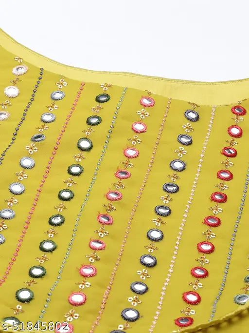 Lime yellow embroidered Georgette kurta with sharara, machine-woven mirror work and geometric pattern on flared hem