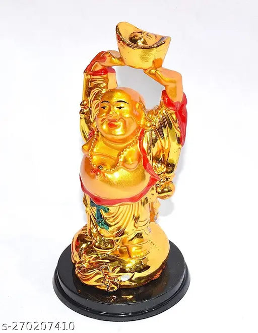 Golden resin Laughing Buddha statue (1 piece), enhancing wealth and happiness, Feng Shui decoration from India