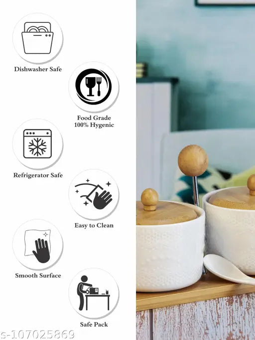 White gold porcelain container set with wooden lid & tray (2pcs canister, 2pcs spoon, 1pc wooden tray), perfect for serving sauces and seasonings, 270ml capacity