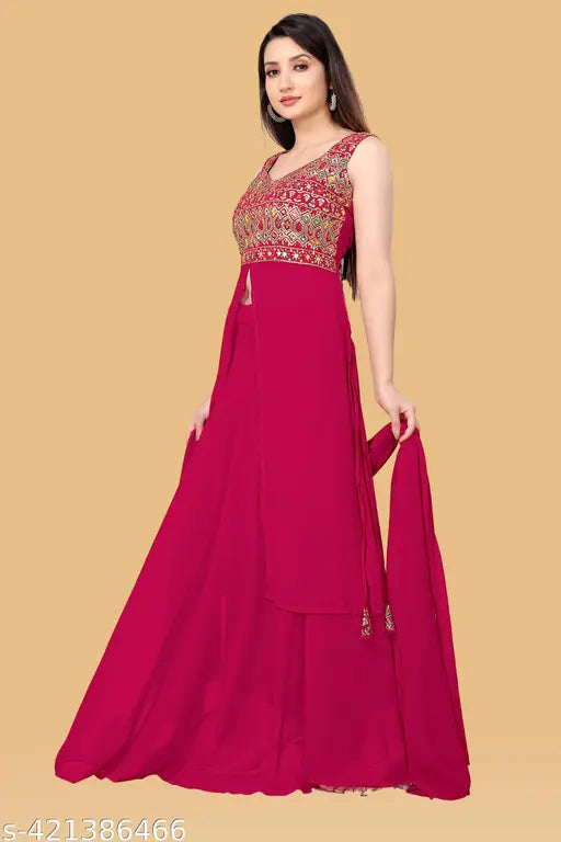 Designer embroidered Georgette 3-piece set: Sleeveless kurta with dupatta and bottomwear, ready to wear in sizes S-XXL