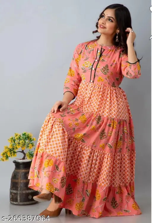 Printed rayon three-quarter sleeve women's kurti from India, vibrant net pattern on stylish traditional wear