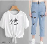 Classy modern women's cotton top & denim bottom sets, short sleeves set with matching sizes S and M, made in India