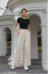 Cream cotton-lycra cargo pants with flap pockets, high rise, straight fit, and stretchable for casual and formal wear. Women's size 26, 28, 30, or 32. Brown denim design