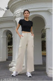 Cream cotton-lycra cargo pants with flap pockets, high rise, straight fit, and stretchable for casual and formal wear. Women's size 26, 28, 30, or 32. Brown denim design