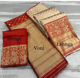 Striped semi-stitched red Lehenga Choli (unstitched), acrylic dupatta, Litchi Silk zari work, ready to ship, India