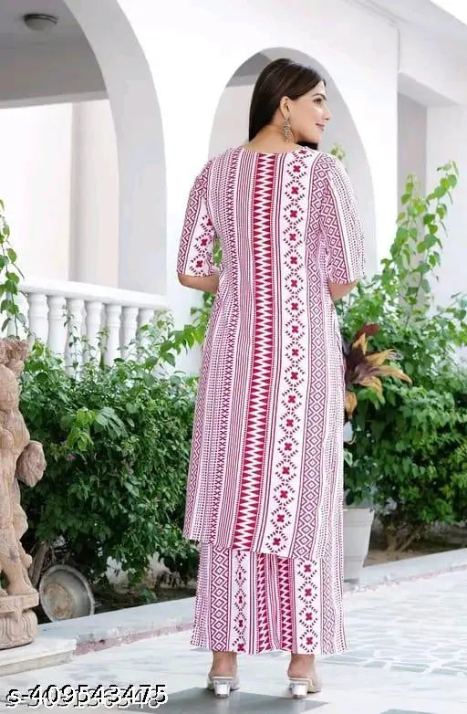 Women's printed cotton kurta Palazzo set, featuring short sleeves and comfortable palazzos, perfect for any occasion. Lightweight, easy to carry, and ideal for various body types