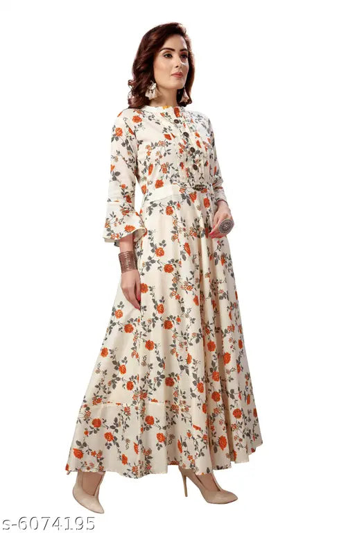 Madhuram Textiles Rayon Anarkali Kurta, printed, boat neck, 3/4 sleeves, perfect for party wear and long design kurtis