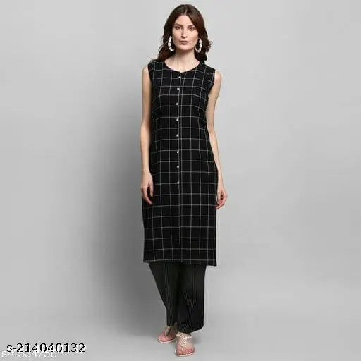 Women's cotton sleeveless kurta set with palazzo pants, checked net pattern, single size S-XL
