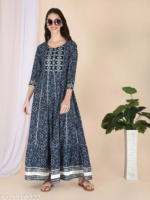 Rayon embroidered Kalamkari print Anarkali Kurta with Gotta lace, SANGAKURTI women's style. Three-quarter sleeves, vibrant color for any occasion. Soft and comfortable, made in India