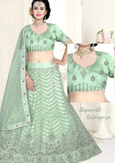 Green embroidered net Lehenga Choli with Dupatta, Indian wedding attire for women