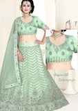 Green embroidered net Lehenga Choli with Dupatta, Indian wedding attire for women