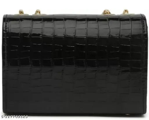 Black PU women's sling bag, solid net pattern, glamorous logo design