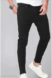 Black cotton blend slim-fit jeans for daily and party wear, lightweight and breathable in a solid black color