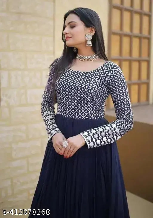 Embroidered georgette anarkali gown with long sleeves, sequin embellishments, full flare silhouette for Indian weddings (XS-XXL)