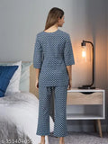 Blue cotton printed night suits set for women, long-sleeved pyjamas with Cambric fabric