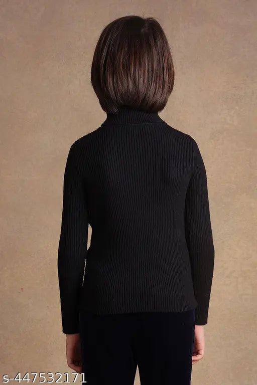 Black woolen kids sweater with high neck and turtle neck pattern, striped net, suitable for girls and boys aged 0-16 years. Made from polycotton fabric, comfortable and warm. Indian origin