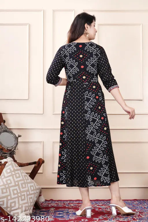 Rayon printed Anarkali Kurta for women, three-quarter sleeves, stylish Indian fashion on mannequin