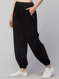 Black blend harem pants, women's regular fit viscose trousers in polycotton, free size with elastic waistband