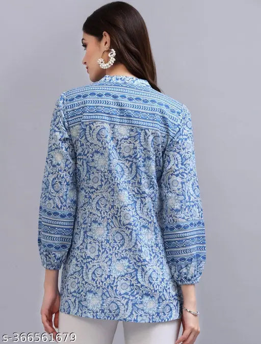 Blue & White Floral Printed Viscose Kurti, three-quarter sleeves, Mandarin collar, India origin