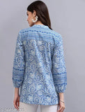 Blue & White Floral Printed Viscose Kurti, three-quarter sleeves, Mandarin collar, India origin