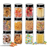 Transparent cube storage container, black plastic lid set of 12 for spices and more, glass jar with Indian origin