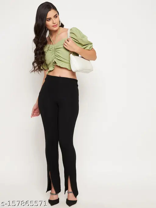 WineRed Women's Light Green Ruched Crop Top - High-fashion crepe fabric, short sleeves, solid pattern, XS-XL sizes, India origin