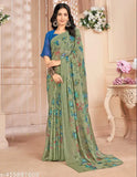 Multicolored chiffon saree with floral print and contrast blouse, Indian handloom fashion accessory