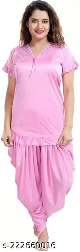Baby Pink satin night suit for women and girls, Parjet by KLEIDUNG, partial Patiala pants with short sleeves