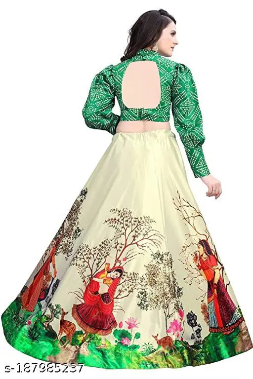 Printed Navratri festival special lehenga choli set, women's & girls, silk-satin acrylic, tribal design, semi-stitched, long sleeves