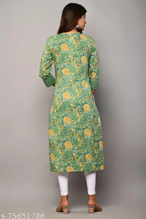 Dark green printed pure cotton straight kurta with three-quarter sleeves, traditional Indian women's fashion