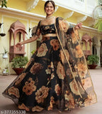 Women's digital print net lehenga choli set with floral patterns, featuring a heavy-work blouse and matching dupatta. Free size, 2.5m dupatta length, perfect for weddings, parties, or festive occasions. Genuine product from India