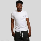 White cotton blend men's half sleeve t-shirt, printed with Moments brand design, free size for casual wear