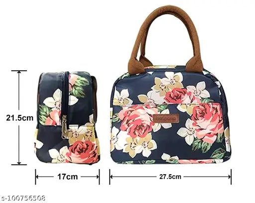 Navy Rose Flower printed insulated reusable lunch bag for women, durable Oxford cloth with aluminum foil layer