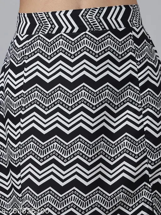 Printed polyester knee-length skirt, flared design with net pattern, available in sizes 26, 28, 30, 32 (India)
