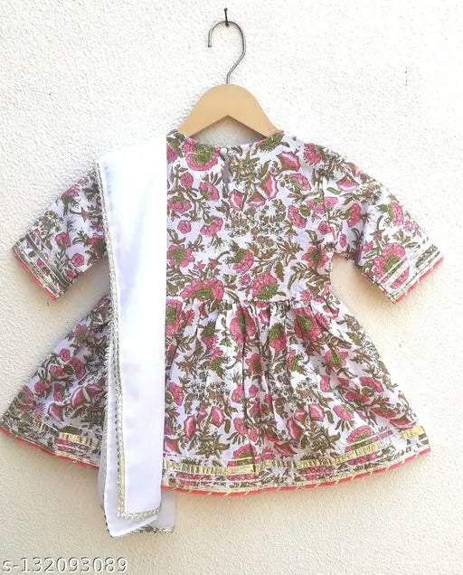 Little girls cotton anarkali kurta sarara set with printed dupatta for summer party wear, 1-2 Years to 7-8 Years