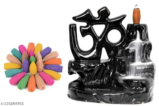 Handcrafted resin OM design black incense holder with 10 scented cones, creating a smoky waterfall effect for Indian home decor