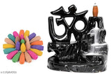Handcrafted resin OM design black incense holder with 10 scented cones, creating a smoky waterfall effect for Indian home decor
