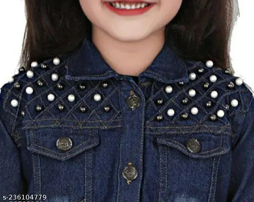Denim kids jacket, long sleeves with embellished net pattern, sizes 6-7, 9-10, 10-11, 11-12 years. Indian made children's clothing