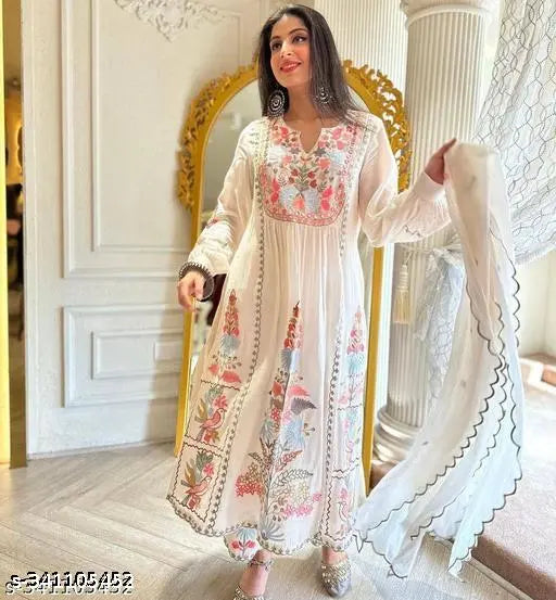 Pearl White Embroidered Net Georgette XLady Suit with embroidery details, S size (Bust 36in, Length 50in)
