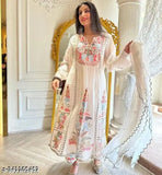 Pearl White Embroidered Net Georgette XLady Suit with embroidery details, S size (Bust 36in, Length 50in)