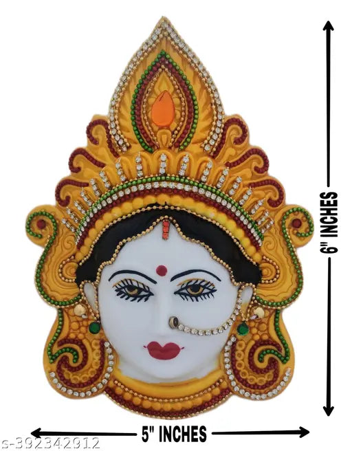 Yellow and red plastic Mahalakshmi face figurines, 2pc combo set for home or office decor, bringing prosperity and wealth symbolism. (4cm L x 15cm H x 13cm W)
