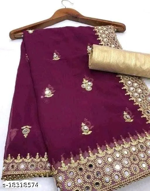 Cotton mirror work saree with running blouse, embroidered trendy design from India