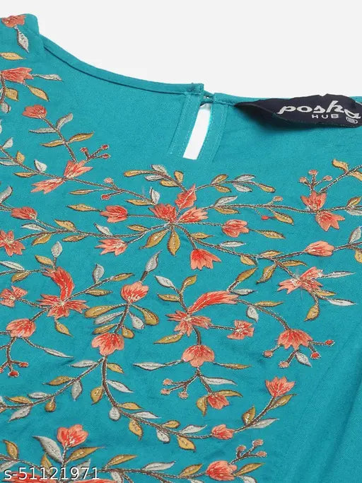 Stylish viscose rayon torquoise A-line kurti, sleeveless with boat neck, yoke embroidery, side zipper, calf length, flared hem - India